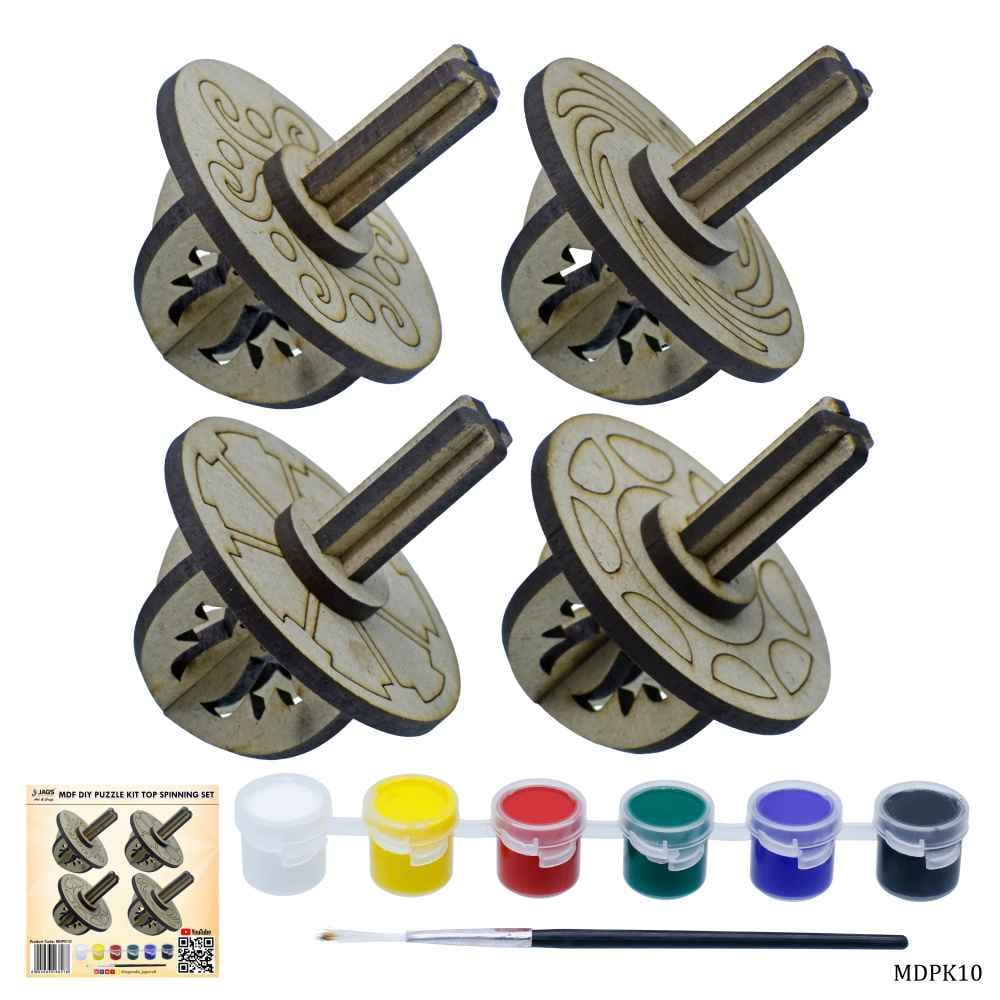 MDF DIY Puzzle Kit Top Spinning Set of 4 Pcs, 1 painting brush & paints MDPK10