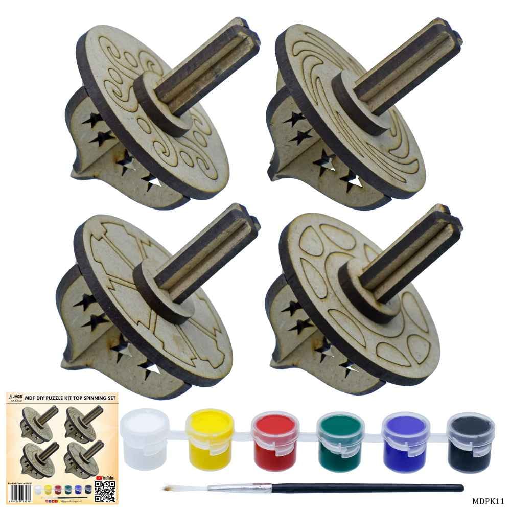 MDF DIY Puzzle Kit Top Spinning Set of 4 Pcs, 1 painting brush & paints MDPK11