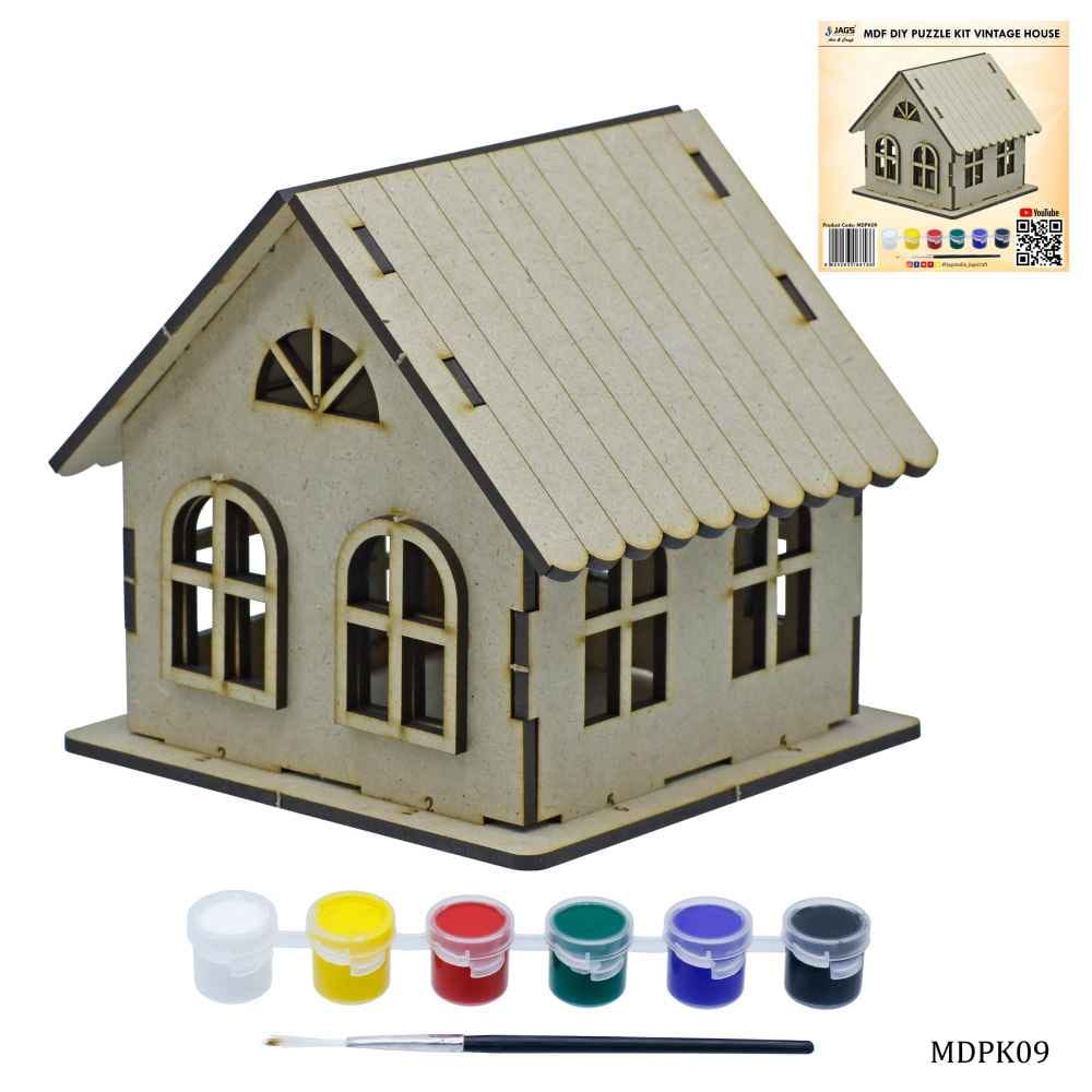 MDF DIY Puzzle Kit Vintage House Cut-outs, 1 painting brush & paints MDPK09