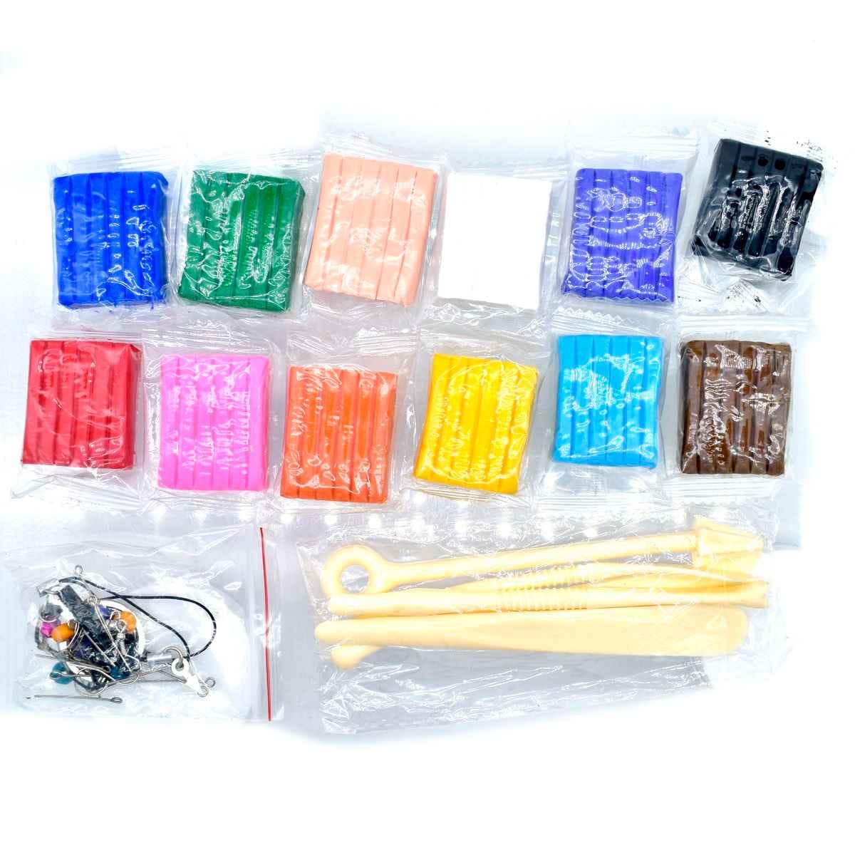 Polymer Oven Bake Clay with Tools Set 12 Different Colour 1 Clay Tool Set, 1 Key Chain & Assorted Hooks and Beads for Jewellery Making PC12COLO