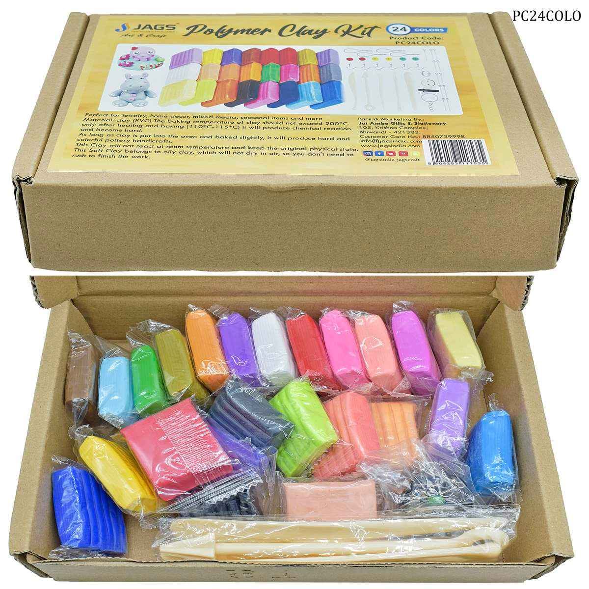 Polymer Oven Bake Clay with Tools Set 24 Different Colour 1 Clay Tool Set, 1 Key Chain & Assorted Hooks and Beads for Jewellery Making PC24COLO