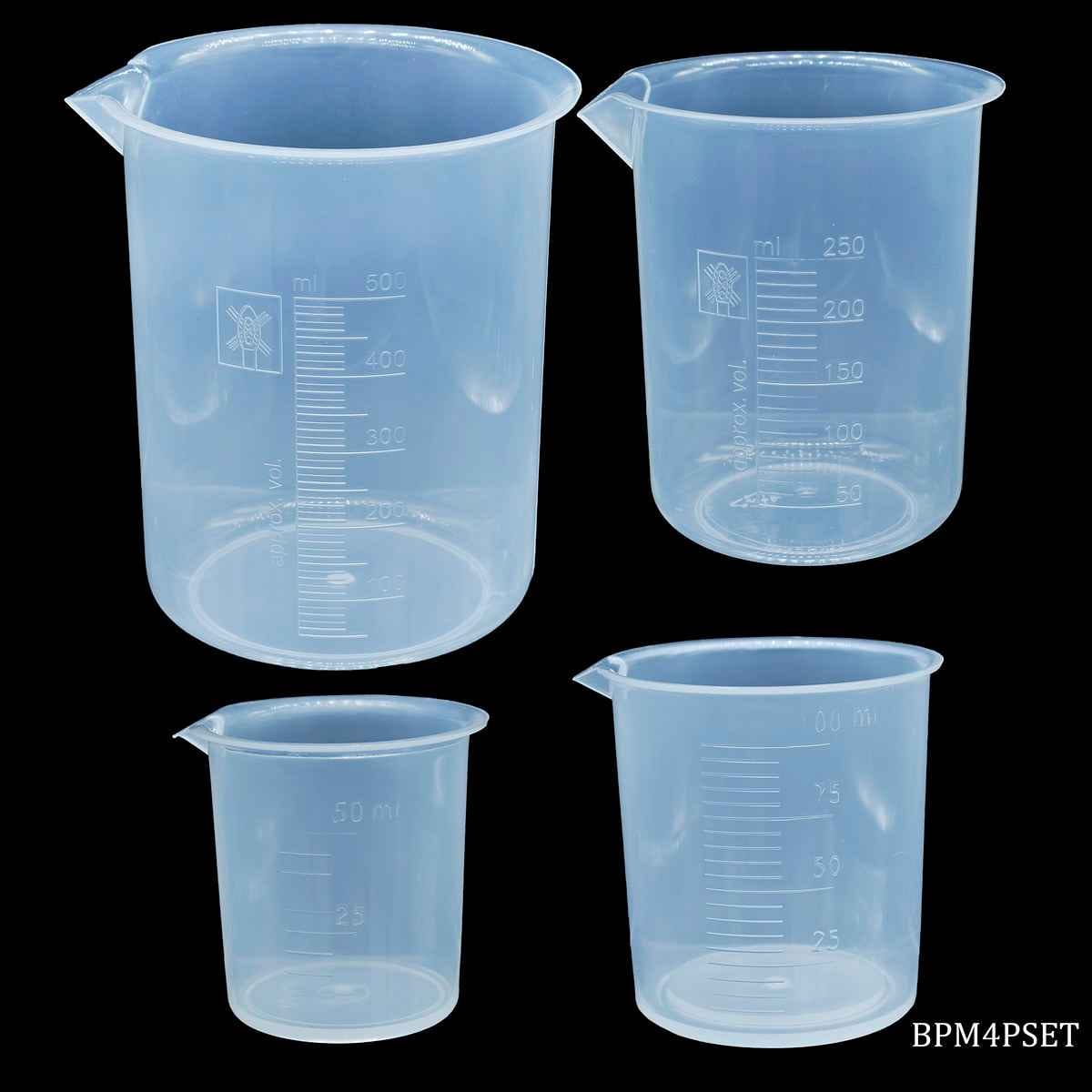 Transparent Measuring Beaker Cups (50, 100, 250, 500 ml) 4 Pieces Set BPM4PSET