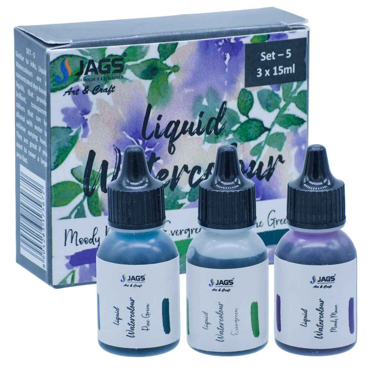 Liquid Watercolour Set Of 3 Pieces Pine Green, Evergreen, Moody Mauve 15ml Each JLWS05