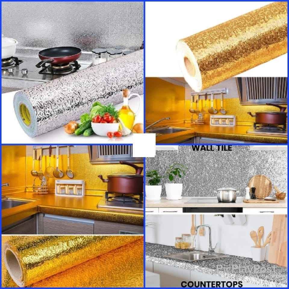 Kitchen Aluminium Foil Sticker, Oil-Proof, Self-Adhesive Contact Paper, 50 x 150 cm, Golden and Silver