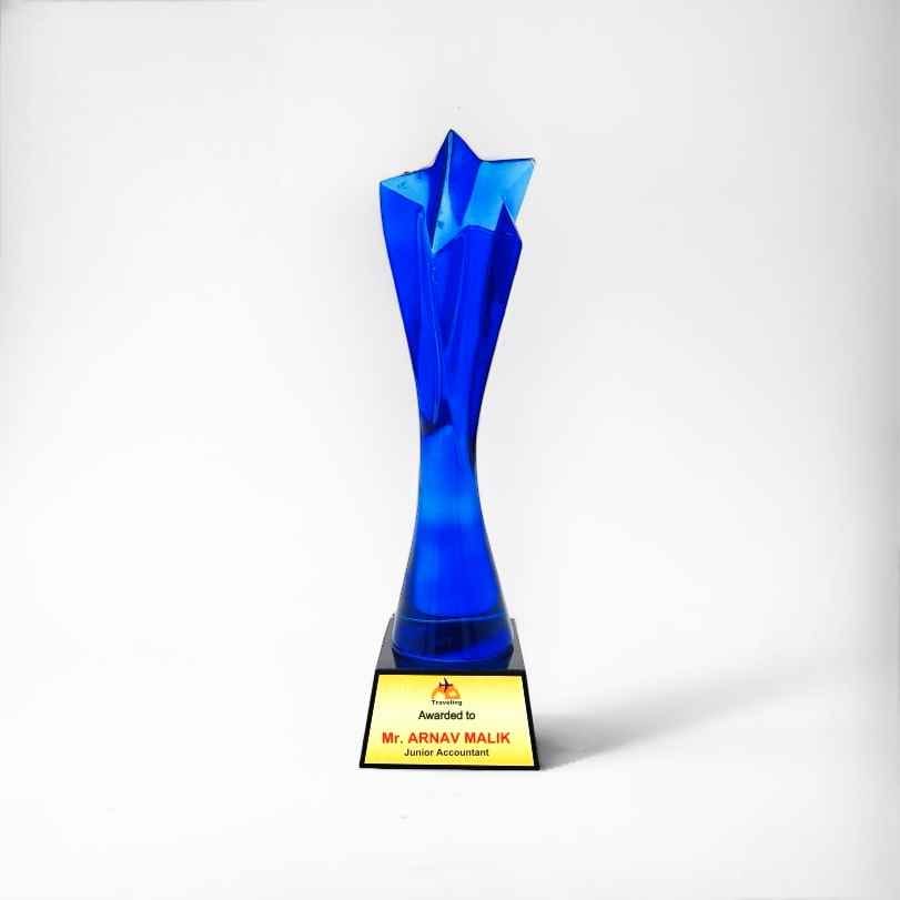 15 inch blue star Crystal trophy with wooden base with branding with box