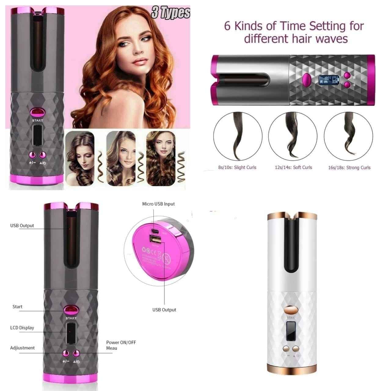 Wireless Automatic Hair Curler, LCD Display, USB Rechargeable, 6 Time Settings, 3 Curl Types