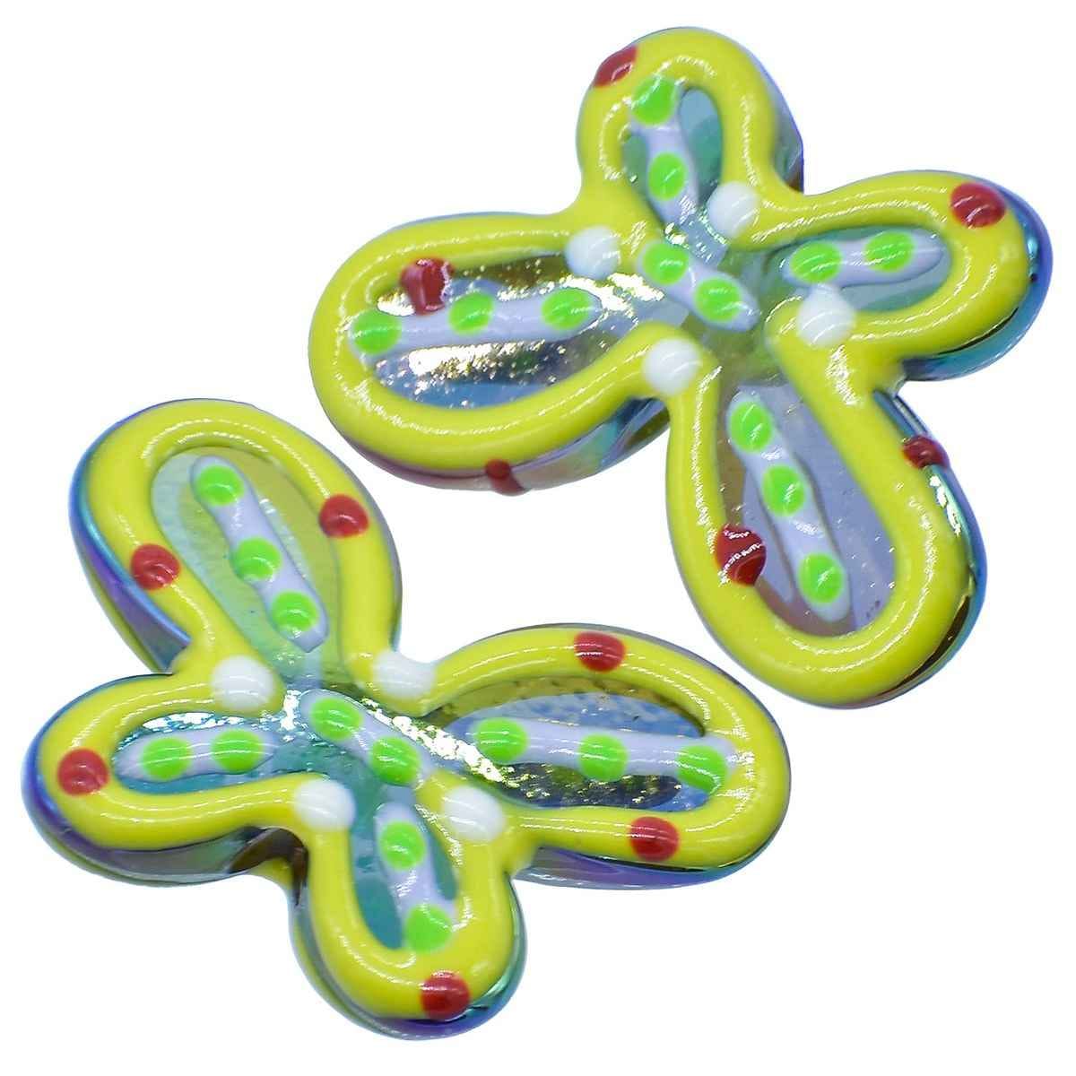 Glass Butterfly Beads, Yellow and Blue, 3D Design, Set of 2 JCPP05