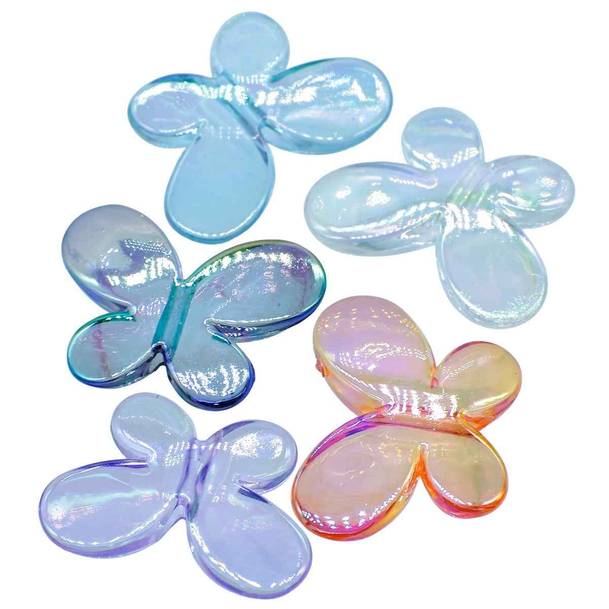 Iridescent Butterfly Beads, Decorative Acrylic, Set of 5, Blue and Pink JCPP07