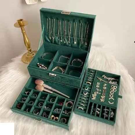 3-Layer Velvet Jewellery Box Organiser, Large Storage Case for Rings, Necklaces and Earrings, Emerald Green