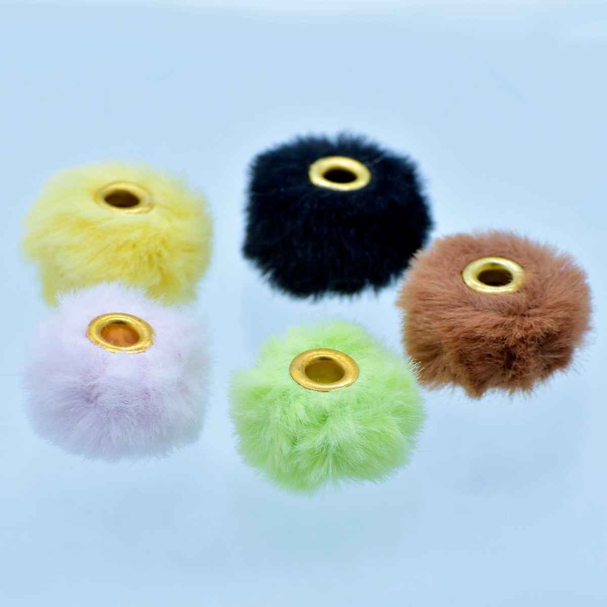 Decorative Fur Beads with Gold Eyelet, Round, Pastel Colours, 5 Pieces JCPP11
