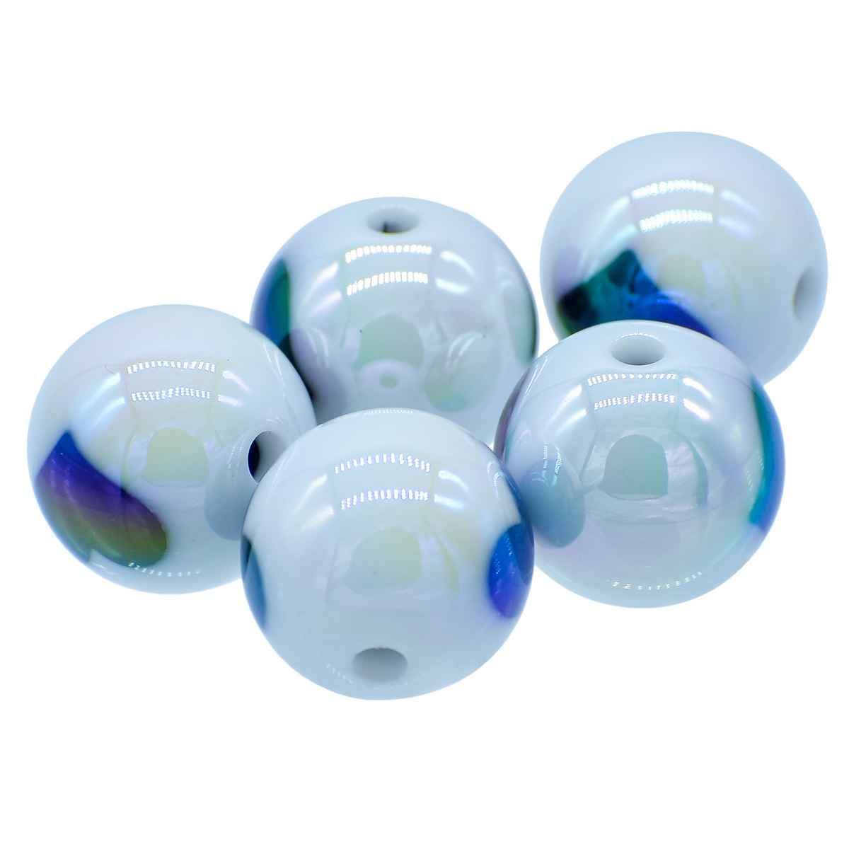 Decorative Glass Beads, Heart Print Design, White with Rainbow Effect, 16mm, 5 Pieces JCCP36