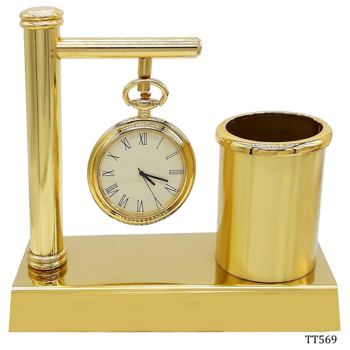 Table Top Pen Stand With Clock Full Gold TT569