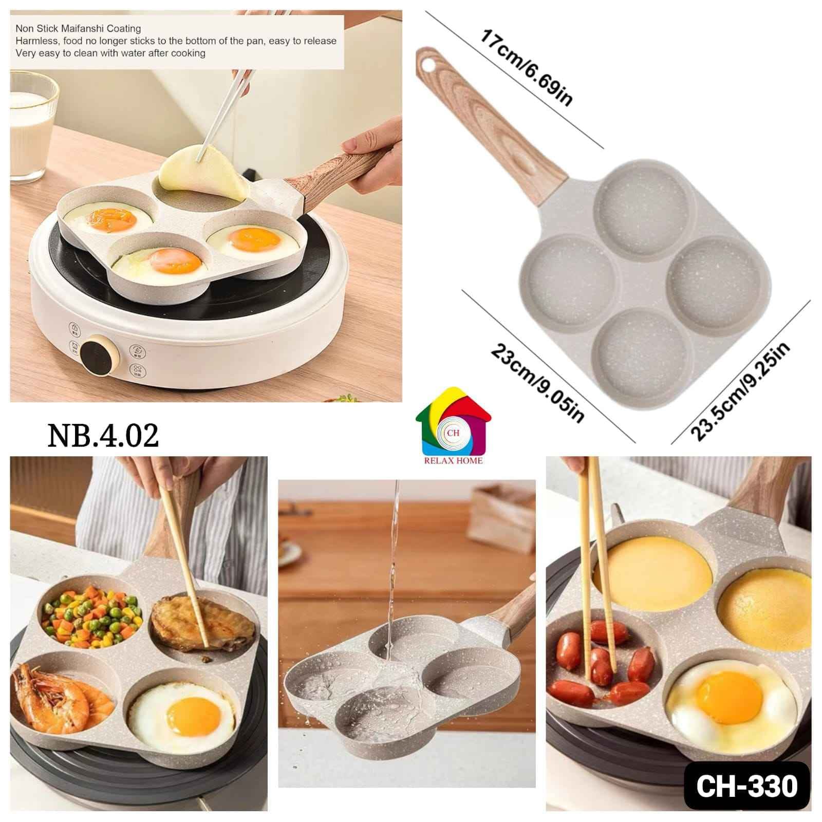 4Hole Non Stick Egg Frying pan with Detachable Wooden