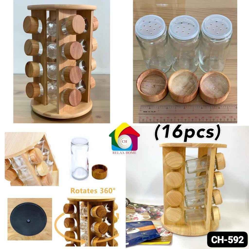 16 Glass Rotating Wooden Spice Rack