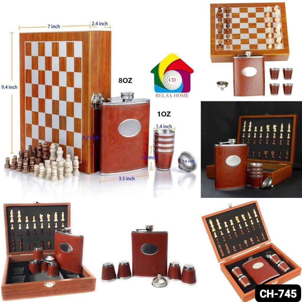 Wooden Game Chess Leather Hip Flask