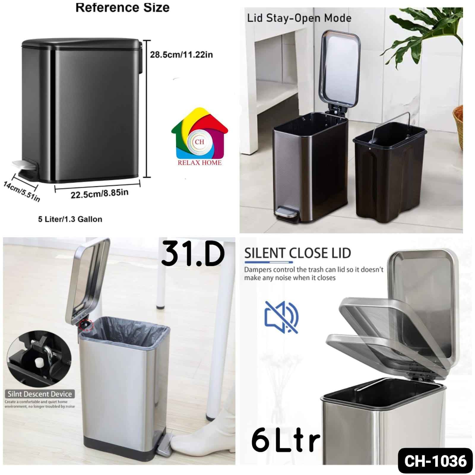 6L Stainless Steel Dustbin