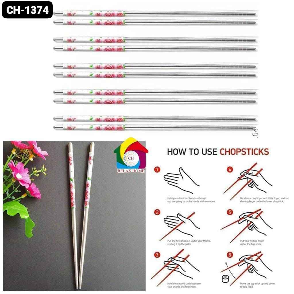 5Pairs SS Rose Design Chopsticks