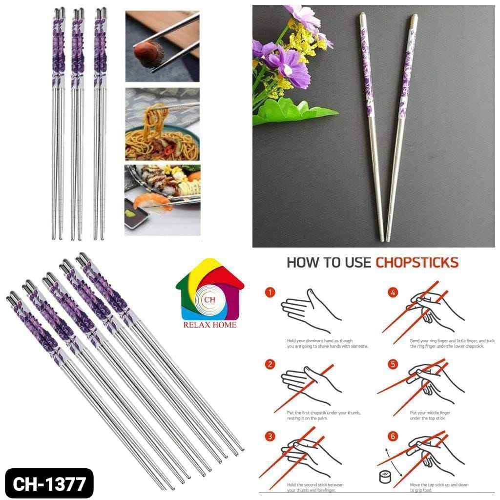5Pairs of SS Purple Flower Design Chopsticks