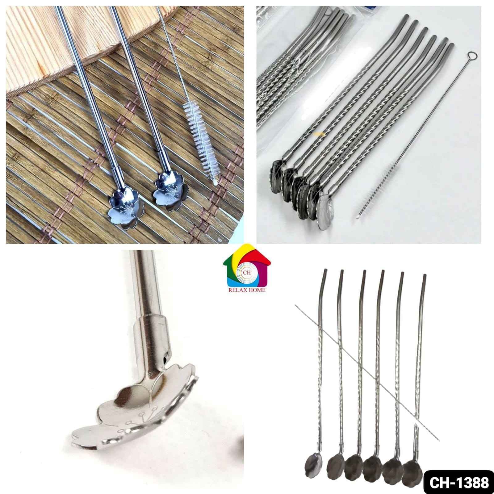 6pcs SS Flower Design Straw Spoon With Brush