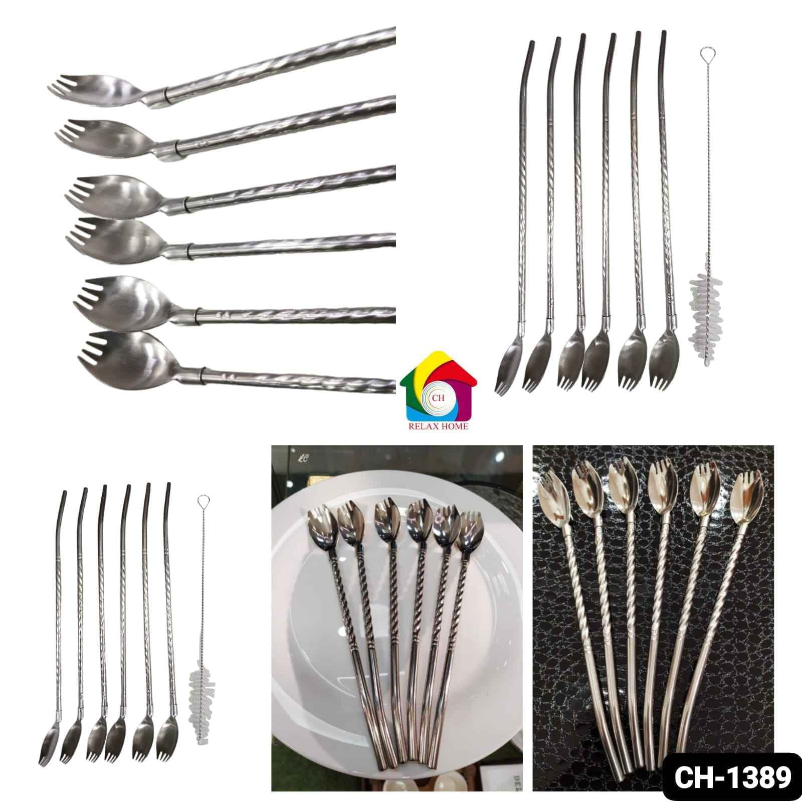 6pcs SS Fork Design Straw Spoon With Brush