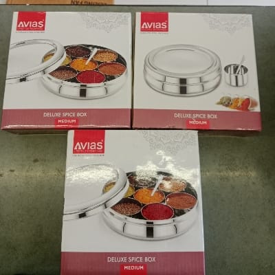 AVIAS LIFESTYLE REDEFINED STAINLESS STEEL DELUXE SPICE BOX MEDIUM GLASS LID .AI31002..3 pis