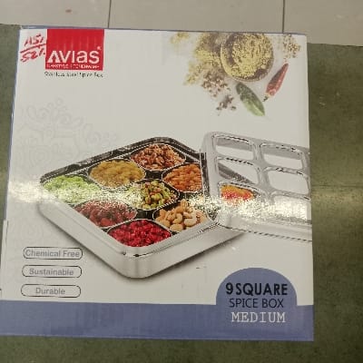 AVIAS LIFESTYLE REDEFINED STAINLESS STEEL 9.SQUARE SPICE BOX MEDIUM PRODUCT CODE.AI.21003 S.S DRY FRUITS CUM.SPICE BOX ...1.PIS
