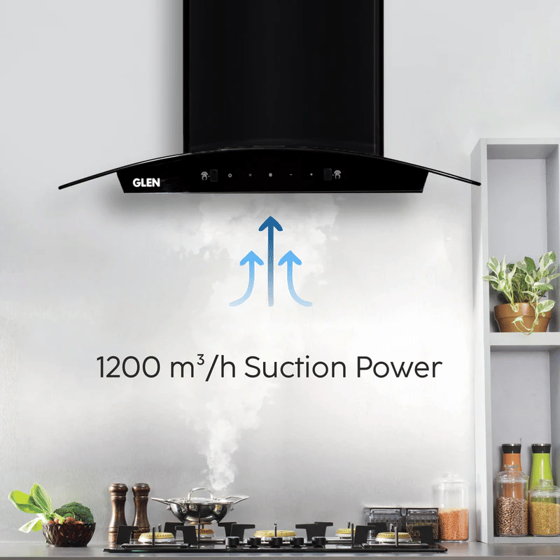 GLEN ( 6060 BL AC 60/90cm) Auto Clean Curved Glass Filterless Kitchen Chimney with Motion Sensor 1200 m3/h