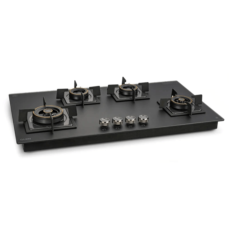 GLEN Built in Hob 1094 SQ HT DBBL 2TR MG90 - 4 Burner Matt Glass Hob Top 2 Triple Ring Burner Double Ring Forged Brass Burner Auto Ignition
