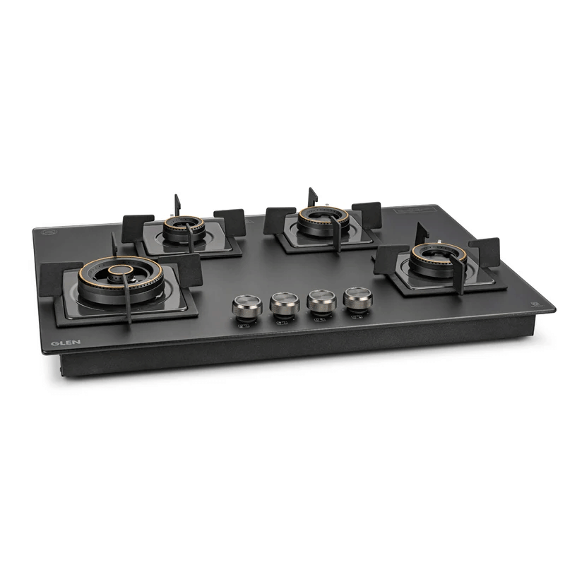 GLEN Built in Hob 1074 SQ HT DBBL TR MG77 - 4 Burner Matt Glass Hob Top Triple Ring Burner Double Ring Forged Brass Burner Auto Ignition