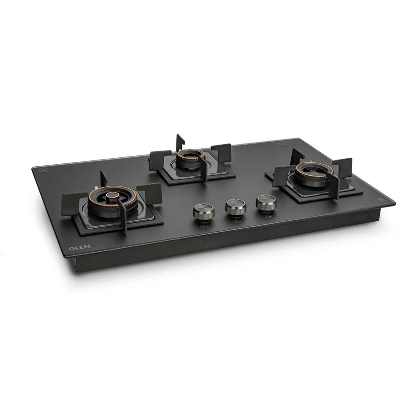 GLEN Built in Hob 1073 SQ HT DBBL MTR MG75 - 3 Burner Matt Glass Hob Top Mini Triple Ring Burner Double Ring Forged Brass Burners Auto Ignition