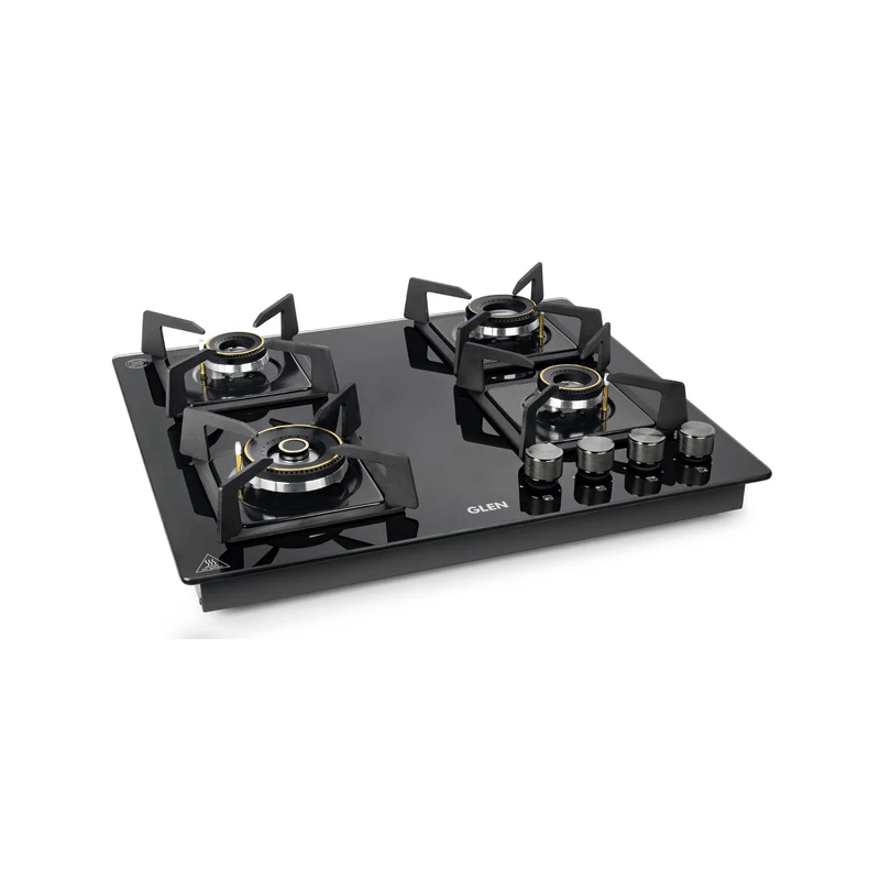 GLEN Built In Hob Top 1064 DF HT MTR - 4 Burner DFVS Glass Hob with Triple Ring Forged Brass Burners Auto Ignition