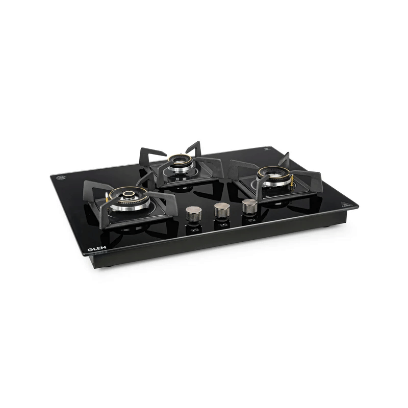 GLEN Built In Hob 1073 DF HT MTR 70 - 3 Burner DFVS Glass Hob with Mini Triple Ring Forged Brass Burner Auto Ignition