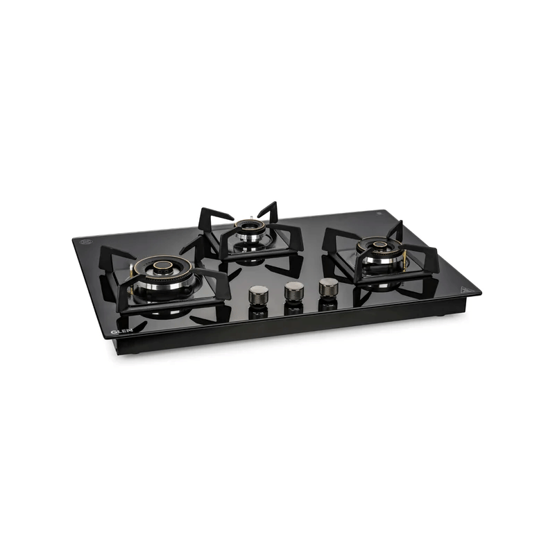 GLEN Built In Hob 1073 DF HT 2TR 77 - 3 Burner DFVS Glass Hob with 2 Triple Ring Forged Brass Burners Auto Ignition