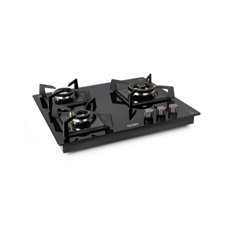 GLEN Built In Hob 1063 DF HT TR - 3 Burner DFVS Glass Hob with Triple Ring Forged Brass Burners Auto Ignition