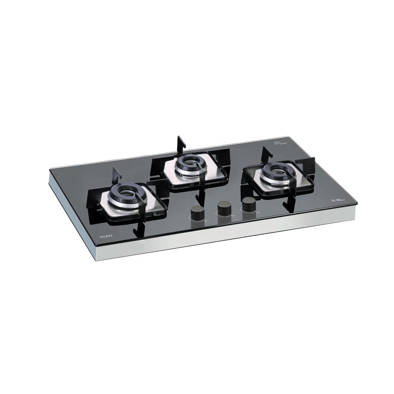 GLEN Built In Hob 1073 SQF BL IN - 3 Burner Glass Hob Top SS Frame Italian Double Ring Burner Auto Ignition (1073 SQF IN)