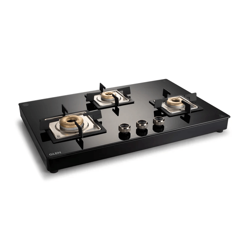 GLEN Hob Free Standing 1073 XL SQ FB BL AI - 3 Burner Free Standing Hob with Forged Brass Burners Auto Ignition Black (BH1073XLSQFSFBBLAI)