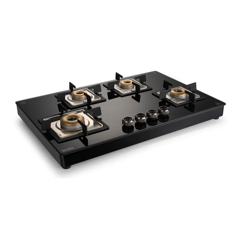 GLEN Hob Free Standing 1074 SQ FB BL AI - 4 Burner Free Standing Glass Hob Forged Brass Burner Auto Ignition Black (BH1074SQFSFBBLAI)
