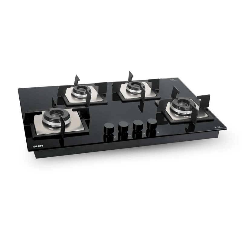 GLEN Built in Hob 1074 SQ IN BL 77 - 4 Burner Built-in Glass Gas Hob with Italian Double Ring Burner Auto Ignition (1074 SQ IN 77)