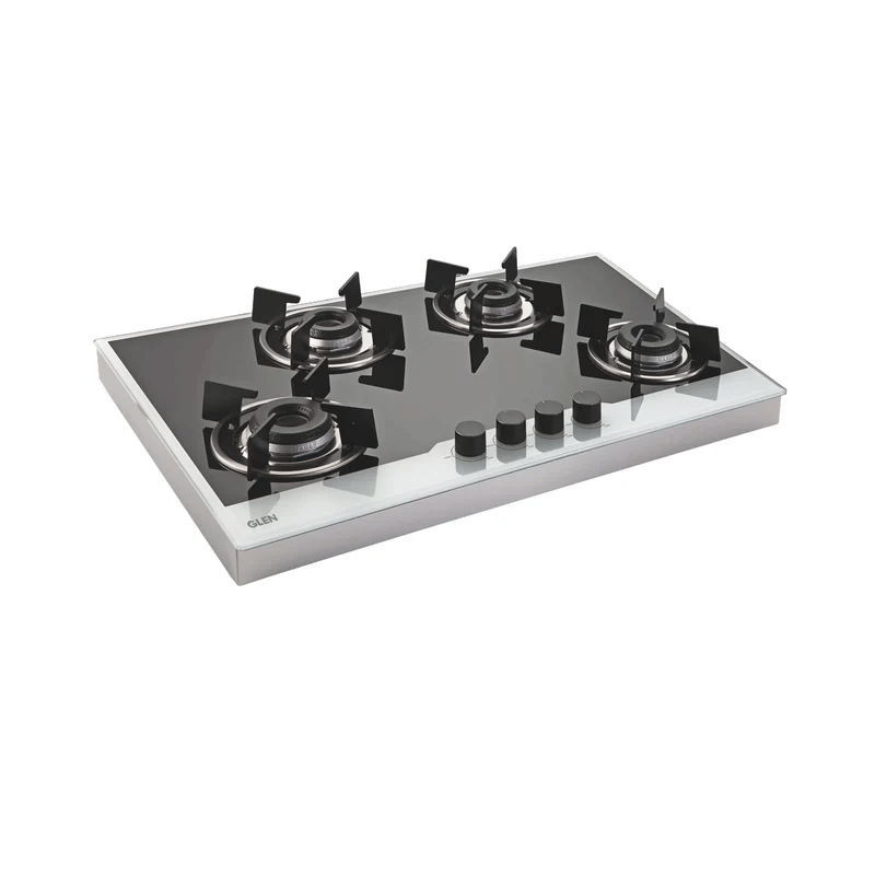 GLEN Built in Hob Frame 1074 IN BW - 4 Burner Glass Hob Top SS Frame Italian Double Ring Burner Auto Ignition (1074 FIN BW)