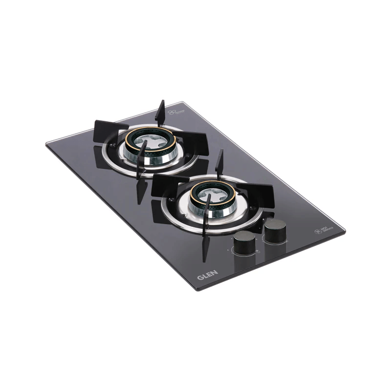 GLEN Built In Hob 1012 RO Double Brass - 2 Burner Built in Glass Hob with Double Ring Forged Brass Burners Auto Ignition (1012 RODB)