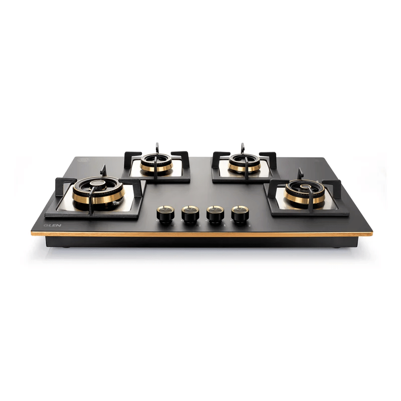 GLEN Built In Hob 1074 SQ HT TDB 2TRMG 77 FFD - 4 Burner Glass Gas Hob Top Mini Triple Ring Burner Double Ring Total Brass Burner with Flame Failure Device Auto Ignition (1074SQHTT2TRMGS)