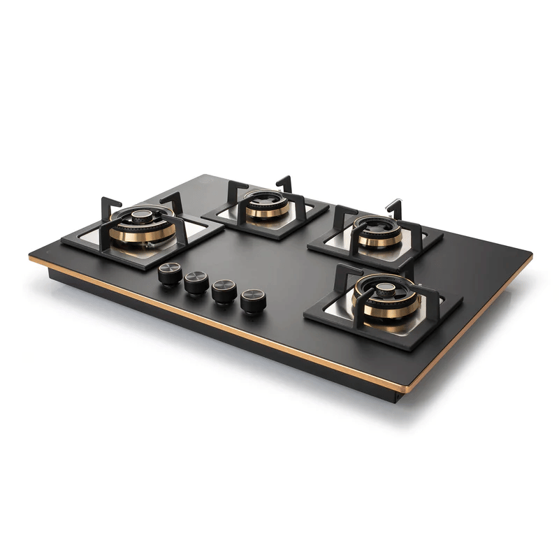 GLEN Built In Hob 1074 SQ HT TDB 2TR MG 77cm - 4 Burner Glass Gas Hob Top Mini Triple Ring Burner Double Ring Total Brass Burner Auto Ignition (1074SQHTT2TRMG)