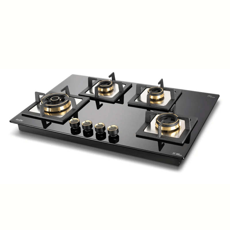 GLEN Built In Hob 1074 SQ HT Total DBTR77 FFD - 4 Burner Glass Gas Hob Top with Triple Ring, Total Double Ring Brass Burner with Flame Failure Device Auto Ignition (1074CIHTTDBTRS)