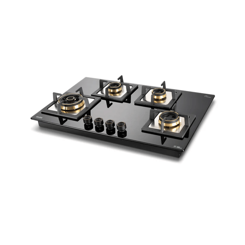 GLEN Built In Hob 1074 SQ HT Total DB TR 77 - 4 Burner Glass Gas Hob Top with Triple Ring, Total Double Ring Brass Burner (1074CIHTTDBTR)