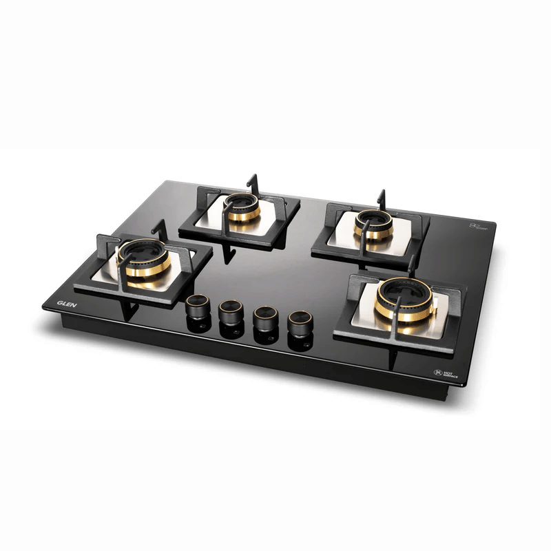 GLEN Built in Hob 1074 SQ HT Total DB - 4 Burner Glass Gas Hob Top with Total Double Ring Brass Burner (1074CIHTTDB)