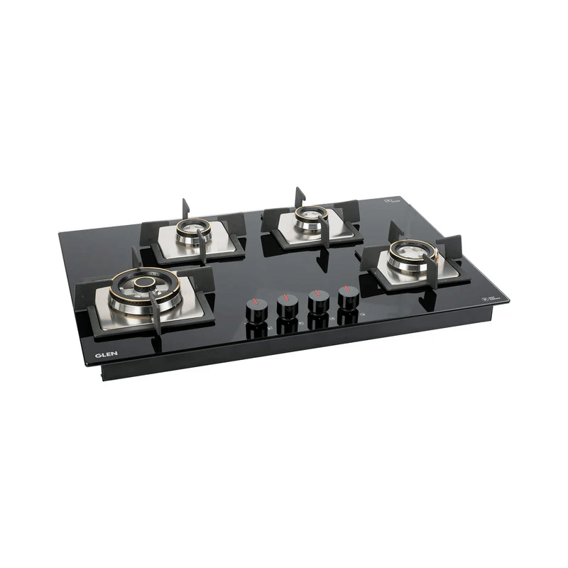 GLEN Built In HobTop 1074 SQ HT DB TR FFD 77 - 4 Burner Glass Hob Top Triple Ring, Double Ring Forged Brass Burner Flame Failure Device Auto Ign (1074 SQHTTRFFD)
