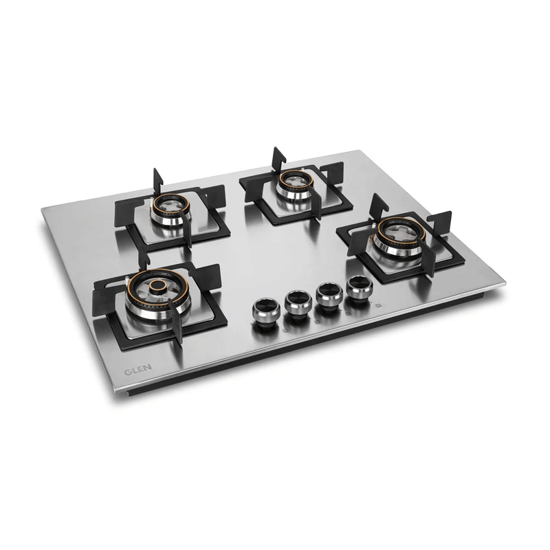 GLEN Built in Hob 1074 SQ HT SS DB MTR 70 - 4 Burner Stainless Steel Hob Top Mini Triple Ring, Double Ring Forged Brass Burners Auto Ignition (BH1074SQHTSSDBMT70)