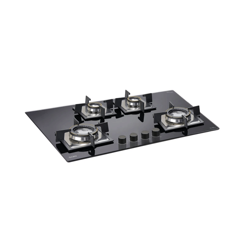 GLEN Built In Hob 1074 SQ Double Brass - 4 Burner Built-in Glass Hob with Forged Brass Double Ring Burner Auto Ignition (1074 SQ DB)