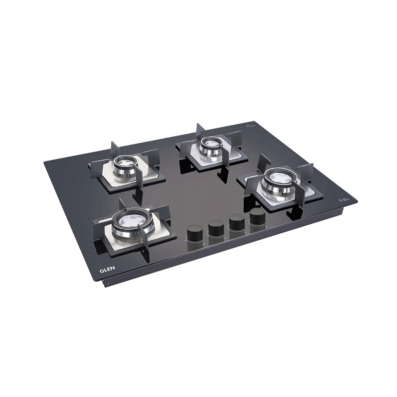 GLEN Built in Hob 1074 SQ HT Double Brass - 4 Burner Glass Hob Top with Double Ring Forged Brass Burner Auto Ignition (1074 SQ HT DB)
