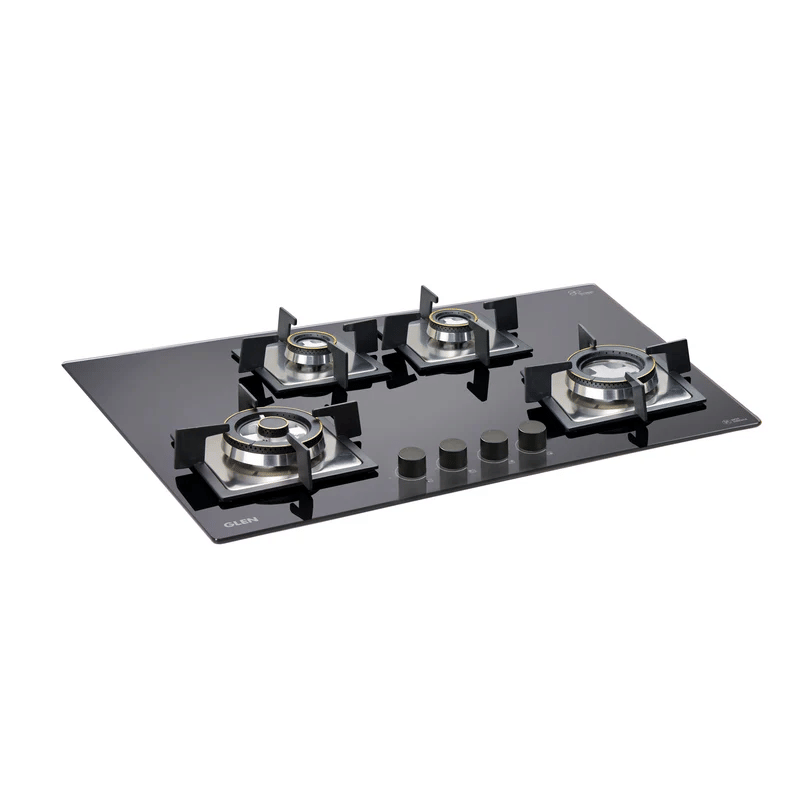 GLEN Built In Hob 1074 SQ DB TR 77cm - 4 Burner Built-in Glass Hob Triple Ring Burner Forged Brass Double Ring Burner Auto Ignition (1074 SQ DB TR)